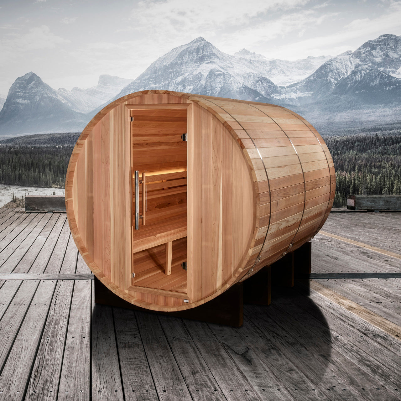 Golden Designs "Klosters" 6 Person Barrel Traditional Sauna -  Pacific Cedar - LUXUSFIT Luxury Exercise & Recovery Equipment